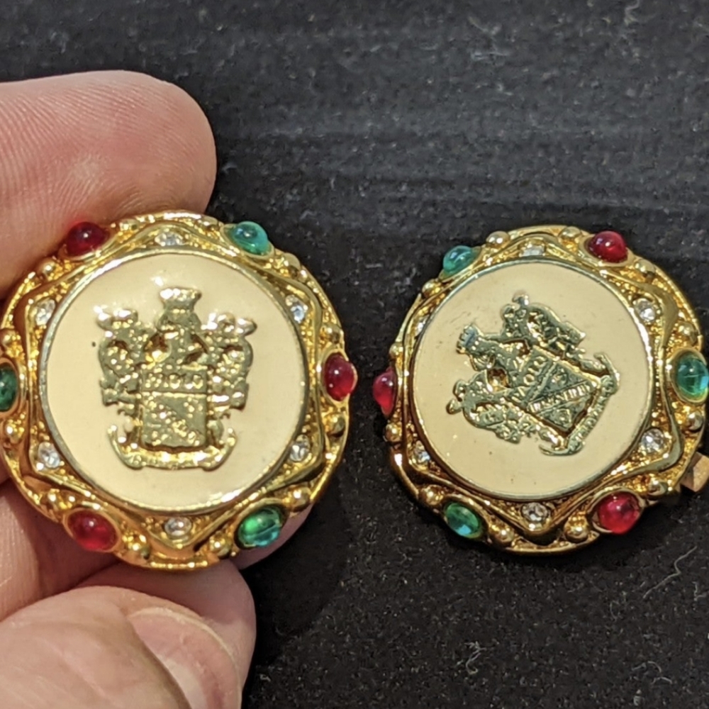 RARE Vintage PAOLO GUCCI Crimson, Green & Gold Tone Clip ON Earrings Signed #119